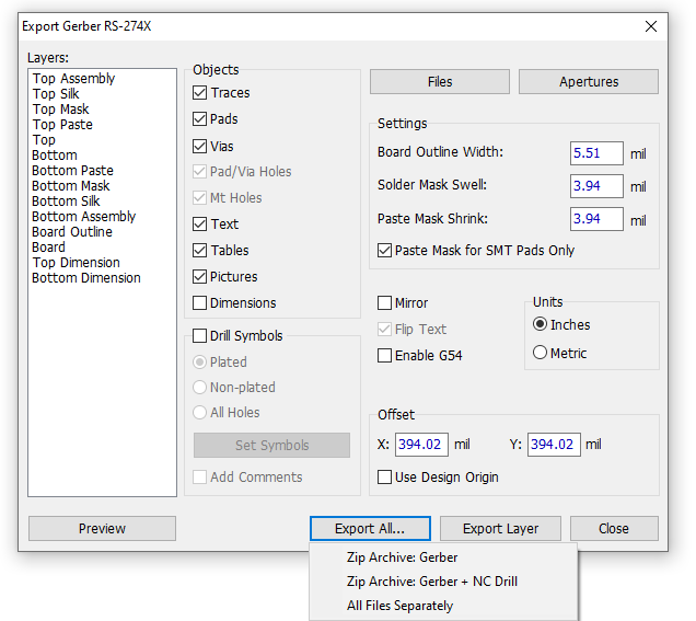 Export Gerber RS-274X dialog: Layers checklist, Objects checkboxes (Traces, Pads, Vias, Pad/Via Holes, Text, Tables, Pictures, Dimensions), Files/Apertures tabs, Board Outline Width, Solder Mask Swell, Paste Mask Shrink fields, Paste Mask for SMT Pads Only checkbox, Mirror/Flip Text/Enable G54 checkboxes, Units radio buttons, Drill Symbols/Plated/Non-plated/All Holes checkboxes, Offset X/Y fields, Use Design Origin checkbox, Set Symbols and Add Comments buttons, Preview/Export All/Export Layer/Close buttons with Export All submenu (Zip Archive: Gerber, Zip Archive: Gerber + NC Drill, All Files Separately)