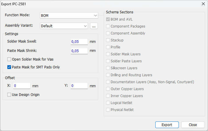 Export IPC-2581 dialog: Function Mode dropdown (BOM), Assembly Variant dropdown, Schema Sections checklist (BOM and AVL, Component Packages, Component Assembly, Stackup, Profile, Solder Mask/Paste/Silkscreen Layers, Drilling and Routing Layers, Documentation Layers, Outer/Inner Copper Layers, Logical Netlist, Physical Netlist), Solder Mask Swell/Paste Mask Shrink/Paste Mask for SMT Pads Only settings, Offset X/Y fields, Use Design Origin checkbox, Export/Close buttons