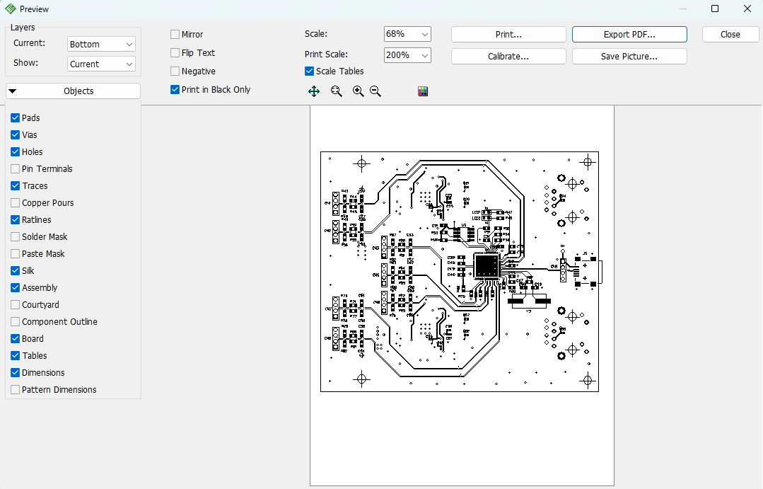 Print Preview window for PDF export: Layers/Text/Scale panel with visibility checkboxes (Pads, Holes, Pin Terminals, Traces, Copper Pour, Ratlines, Silk Mask, Solder/Paste Mask, Assembly, Courtyard, Component Outline, Board, Tables, Comments, Dimensions), Mirror/Negative/Print in Black Only options, Scale and Print Tables controls, board preview, Export PDF/Calibrate/Save Picture/Close buttons