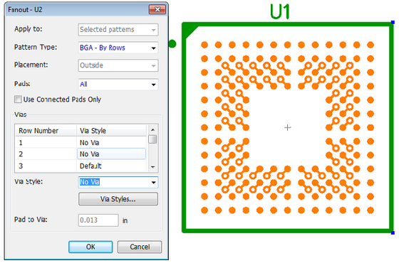 Fanout dialog: Apply to dropdown (Selected patterns), Pattern Type dropdown (BGA - By Rows), Placement dropdown (Outside), Pads (All) and Use Connected Pads Only checkbox, Vias section with Row Number/Via Style table, Via style dropdown, Via Styles button, Pad to Via field, OK/Cancel — shown next to a BGA pattern with generated fanout via pattern