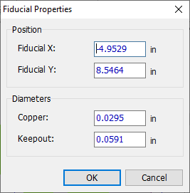 Fiducial Properties dialog: Position Fiducial X/Y fields, Diameters Copper and Keepout fields, OK/Cancel