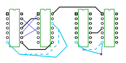 PCB layout view of two component groups connected by ratlines (dashed lines) and a routed black trace, illustrating unrouted vs routed connections