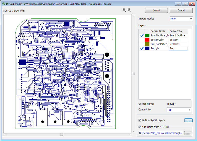 Import Gerber dialog: Source Gerber File preview canvas showing a full board layout, Import/Cancel buttons, Gerber Layer to Convert to mapping table, Gerber Name and Convert to dropdowns, Pads in Signal Layers and Add Holes from N/C Drill checkboxes