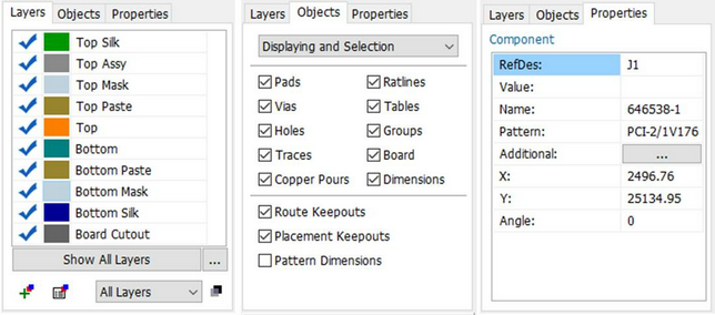 Series of Layers panel states showing Layers/Objects/Properties tabs: layer visibility checklist, Objects display/selection checkboxes (Pads, Vias, Holes, Traces, Copper Pours, Route Keepouts, Placement Keepouts, Pattern Dimensions), and Properties tab showing selected component's RefDes/Value/Pattern/Additional/X/Y/Angle fields