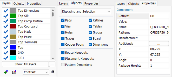 Layers/Objects/Properties panel tabs: layer visibility checklist with Contrast dropdown, Objects display/selection checkboxes, Properties tab with selected component's RefDes/Value/Pattern/Manufacturer/Additional/X/Y/Angle/Package Height fields
