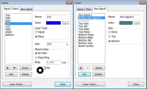 Layers dialog pair, Signal/Plane and Non-Signal tabs: layer list, Name/Color/Layer Type (Signal/Plane) fields, Net dropdown, Plated Holes options (By Pads/Fixed Ring with Ring size), Side radio buttons (None/Top/Bottom) for non-signal layers, Add/Delete/Insert buttons, Layer Stack button, Close