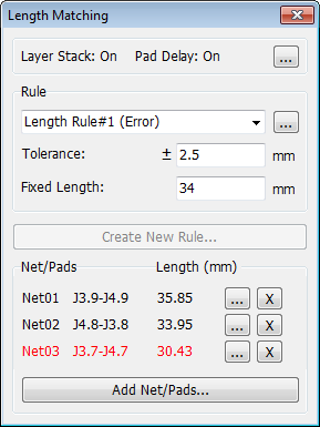 Length Matching dialog: Layer Stack/Pad Delay status, Rule dropdown (Length Rule#1 Error), Tolerance and Fixed Length fields, Create New Rule button, Net/Pads table with Length (mm) column and out-of-tolerance net highlighted red, Add Net/Pads button