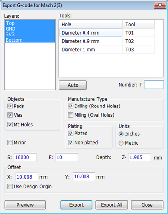 Export G-code for Mach 2/3 dialog: Layers list, Tools table (Hole/Tool) with Auto button and Number field, Objects checkboxes (Pads, Vias, Mt Holes), Manufacture Type (Drilling/Milling), Plating (Plated/Non-plated) checkboxes, Units radio buttons, Speed/Feed/Depth/Z fields, Offset X/Y and Use Design Origin, Mirror checkbox, Preview/Export/Export All/Close buttons