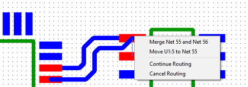 PCB layout view with a right-click context menu during routing: Merge Net 55 and Net 56, Move U1:5 to Net 55, Continue Routing, Cancel Routing options
