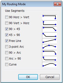 My Routing Mode dialog: Use Segments checklist with icon previews for each trace bend style (90 Horz>Vert, 90 Vert>Horz, 90>45, 45>90, Free Line, 3-point Arc, 90>Arc, Arc>90, Curve), OK/Cancel