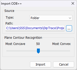 Import ODB++ dialog: Source Type dropdown (Folder), Path field with browse button, Plane Contour Recognition slider (Most Concave to Most Convex), Import/Cancel buttons