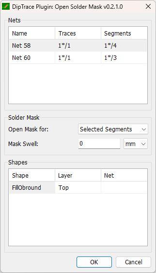 DipTrace Plugin: Open Solder Mask dialog: Nets table (Name, Traces, Segments), Solder Mask Open Mask for and Mask Swell fields, Shapes table (Shape, Layer, Net), OK/Cancel