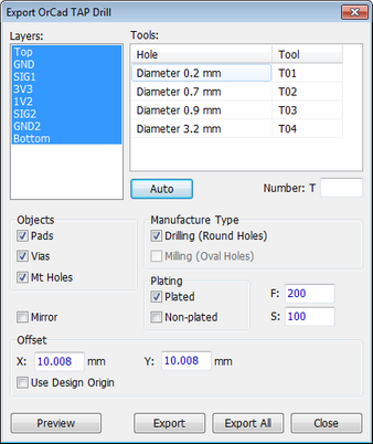 Export OrCad TAP Drill dialog: Layers list, Tools table (Hole/Tool) with Auto button and Number field, Objects checkboxes (Pads, Vias, Mt Holes), Manufacture Type checkboxes (Drilling Round Holes, Milling Oval Holes), Plating (Plated/Non-plated) with F/S feed fields, Mirror checkbox, Offset X/Y and Use Design Origin, Preview/Export/Export All/Close buttons