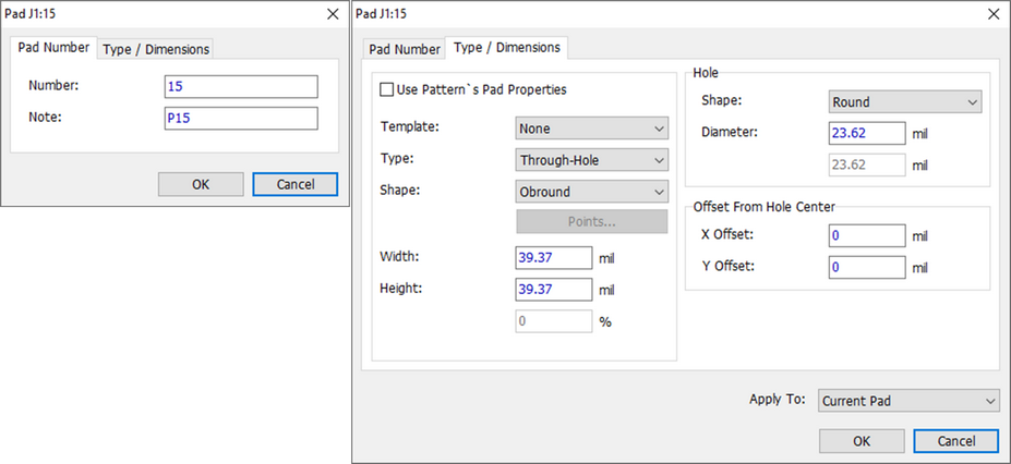 Pad Properties dialogs (Number/Position and Type/Dimensions tabs) shown side by side: Number/Note fields, Use Pattern's Pad Properties checkbox, Template/Type/Shape dropdowns, Width/Height fields, Hole Shape/Diameter, Offset From Hole Center X/Y, Apply To dropdown