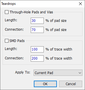 Teardrops dialog: Through-Hole Pads and Vias checkbox with Length/Connection percentage-of-pad-size fields, SMD Pads checkbox with Length/Connection percentage-of-trace-width fields, Apply To dropdown (Current Pad), OK/Cancel