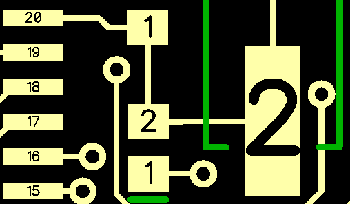 PCB layout close-up showing pad numbers (15-20) with an example silkscreen '2' character overlapping the pads and pin 1 marker