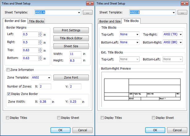 Titles and Sheet Setup dialogs, Border and Size and Title Blocks tabs shown side by side: Sheet Template dropdown, Border Margins fields, Print Settings/Title Block Editor/Sheet Size buttons, Zone Information checkbox with Zone Template/Number of Zones/Zone Width fields, Title Blocks Top-Left/Top-Right/Bottom-Left/Bottom-Right dropdowns with preview, Display Titles/Display Sheet checkboxes, OK/Cancel