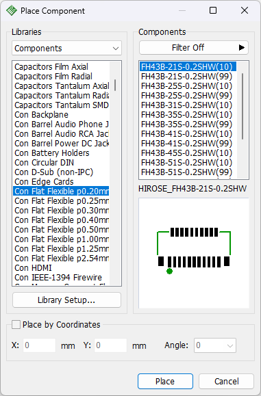 Place Component dialog: Libraries and Components list panes, Filter Off toggle, footprint preview with name label, Library Setup button, Place by Coordinates checkbox with X/Y/Angle fields, Place/Cancel