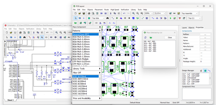Schematic and PCB windows shown side by side with a Placement by List panel open, illustrating components being placed on the board in the order selected from the schematic-derived list