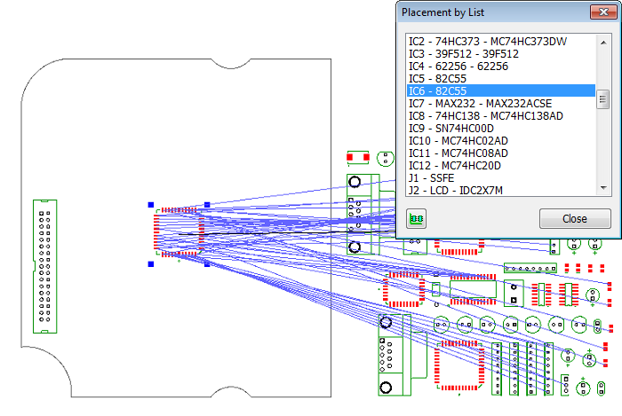 Placement by List dialog: list of components (RefDes - part name) with one highlighted, alongside a PCB view showing ratline connections from schematic to the board area, Close button