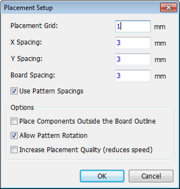 Placement Setup dialog: Placement Grid field, X Spacing/Y Spacing/Board Spacing fields, Use Pattern Spacings checkbox, Options (Place Components Outside the Board Outline, Allow Pattern Rotation, Increase Placement Quality (reduces speed) checkboxes), OK/Cancel