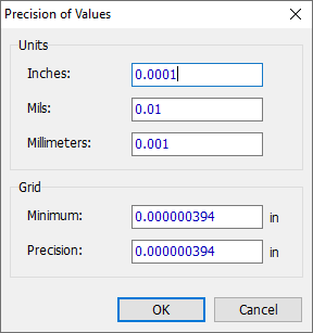 Precision of Values dialog: Units section with Inches/Mils/Millimeters precision fields, Grid section with Minimum and Precision fields, OK/Cancel