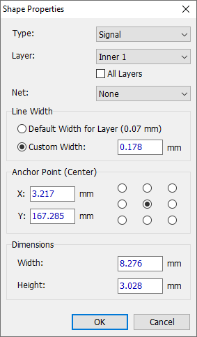 Shape Properties dialog for an obround: Type (Signal) and Layer dropdowns, All Layers checkbox, Net dropdown, Line Width (Default or Custom), Anchor Point selector grid, X/Y position, Width/Height dimensions, OK/Cancel