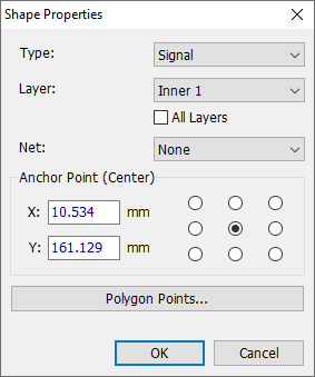Shape Properties dialog for a polygon: Type (Signal) and Layer dropdowns, All Layers checkbox, Net dropdown, Anchor Point selector grid, X/Y position, Polygon Points button, OK/Cancel