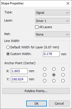 Shape Properties dialog for a polyline: Type (Signal) and Layer dropdowns, All Layers checkbox, Net dropdown, Line Width (Default or Custom), Anchor Point selector grid, X/Y position, Polyline Points button, OK/Cancel