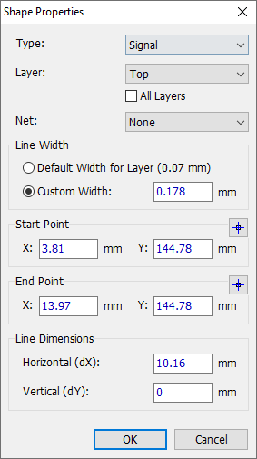 Shape Properties dialog for a line: Type (Signal) and Layer dropdowns, All Layers checkbox, Net dropdown, Line Width (Default or Custom), Start/End Point X/Y fields, Line Dimensions Horizontal/Vertical fields, OK/Cancel