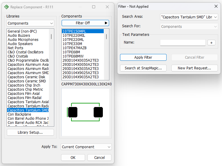 Replace Component dialog: Libraries and Components list panes with a Filter - Not Applied panel (Search Area, Search For, Text Parameters, Apply Filter/Cancel Filter/Search at SnapMagic buttons), selected component preview, Library Setup and Apply To dropdown, OK/Cancel
