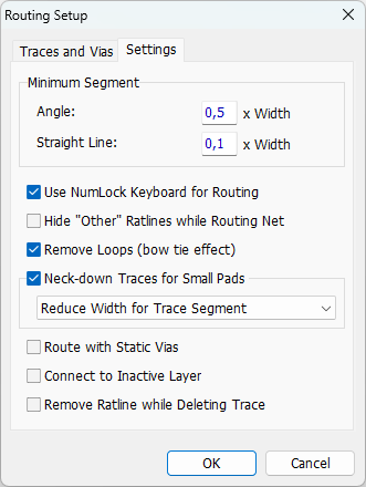 Routing Setup dialog, Settings tab: Minimum Segment Angle/Straight Line fields, Use NumLock Keyboard for Routing checkbox, Hide 'Other' Ratlines while Routing Net checkbox, Remove Loops (bow tie effect) checkbox, Neck-down Traces for Small Pads checkbox with Reduce Width dropdown, Route with Static Vias/Connect to Inactive Layer/Remove Ratline while Deleting Trace checkboxes, OK/Cancel