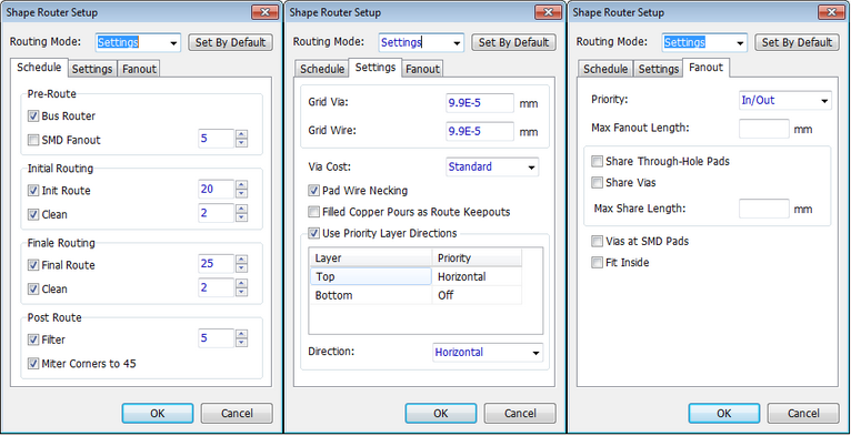 Shape Router Setup dialogs (three variants shown): Routing Mode dropdown with Set by Default button, Schedule/Settings/Fanout tabs, Pre-Routing/Bus Router/Int Route/Final Routing parameters (Grid Via/Wire, Via Cost, Max Fanout Length, etc.), Share Through-Hole Pads/Clean/Filter options, OK/Cancel