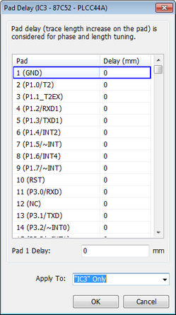 Pad Delay dialog: explanation of pad delay for trace length/phase tuning, table of pads with a Delay (mm) column, Pad 1 Delay field, Apply To dropdown, OK/Cancel