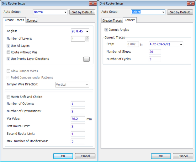 Grid Router Setup dialogs, Create Traces and Correct tabs: Auto Setup dropdown with Set by Default button, Angles radio buttons (90 & 45), Number of Layers field, Use All Layers/Route without Vias/Use Priority Layer Directions checkboxes, Allow Jumper Wires/Forbid Jumpers under Patterns checkboxes, Jumper Wire Direction dropdown, Matrix Shift and Choice Number of Options field, Via Value field, First/Second Route Limit and Max Number of Modifications fields; Correct tab has Correct Angles/Correct Traces checkboxes with Step/Auto and Number of Steps/Cycles fields, OK/Cancel