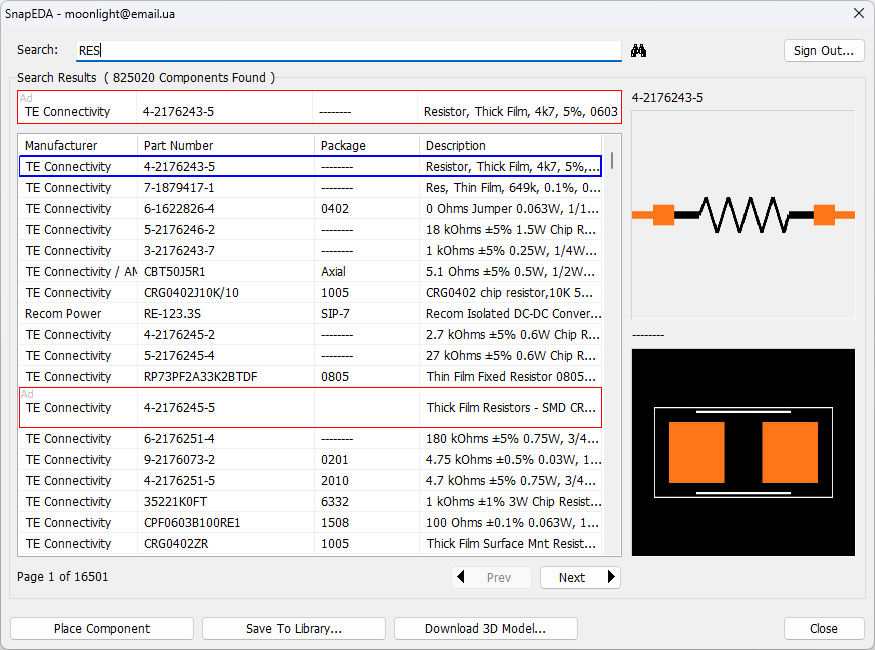 SnapEDA component search window: sign-in status, search bar, results table with Manufacturer/Part Number/Package/Description columns, schematic symbol and footprint preview, Place Component/Save To Library/Download 3D Model/Close buttons