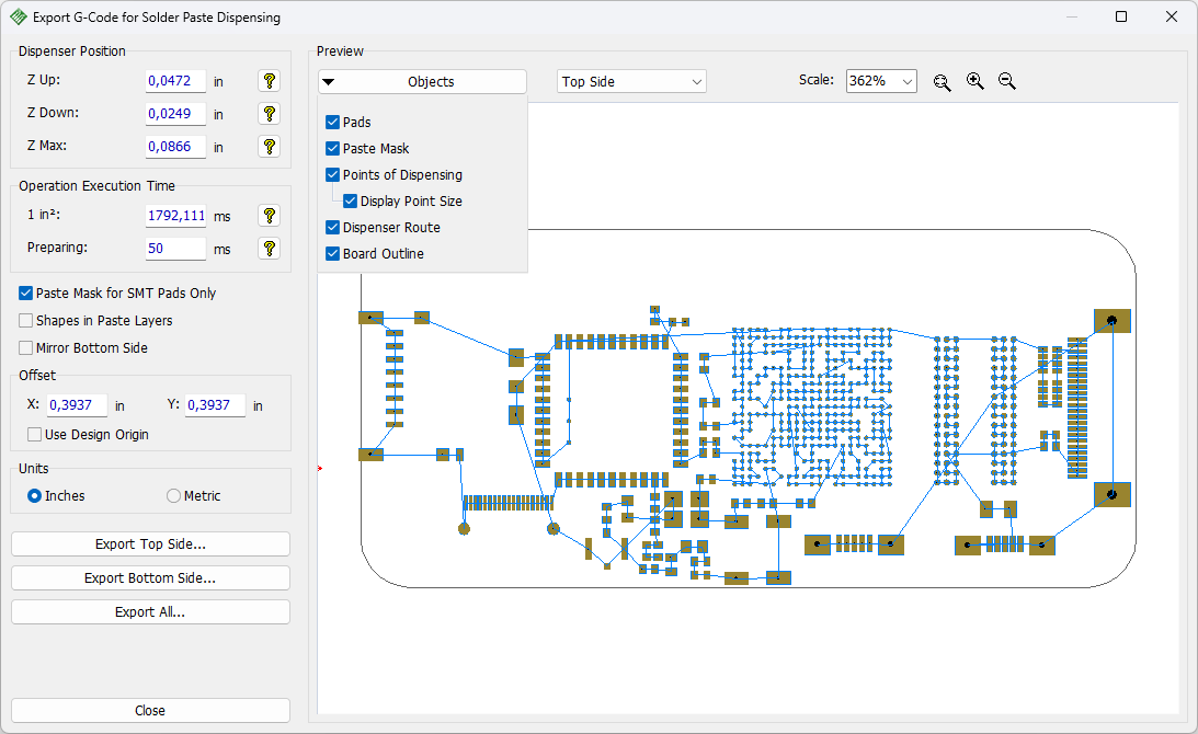 Export G-code for Solder Paste Dispensing dialog: Dispenser Position fields, Preview panel with Objects checkboxes (Pads, Points of Dispensing, Top Side), Execution Time/Preparing fields, scale and Show Design Origin controls, Export Top Side/Export Bottom Side/Export All buttons, board preview with dispensing points, Close