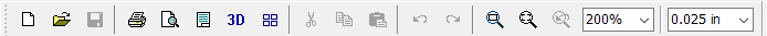 Standard toolbar: New/Open/Save/Print, 3D Preview, board view toggle, Cut/Copy/Paste, Undo/Redo, zoom controls, zoom percentage and grid size selectors, plus a status strip showing cursor coordinates and current mode
