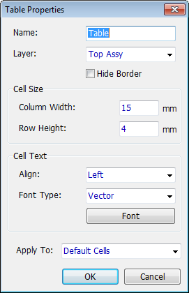 Table Properties dialog: Name field, Layer dropdown (Top Assy), Hide Border checkbox, Cell Size Column Width/Row Height fields, Cell Text Align dropdown (Left), Font Type dropdown (Vector) with Font button, Apply To dropdown (Default Cells), OK/Cancel