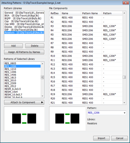 Attaching Patterns dialog: Pattern Libraries tree, File Components table (RefDes, Name, Pattern Name, Pattern) with Add/Delete/Assign All Patterns by Names buttons, Patterns of Selected Library list, footprint preview thumbnails, Attach to Component button, selected pattern name and library, Import/Cancel buttons