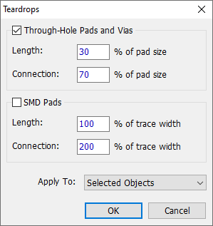 Teardrops dialog: Through-Hole Pads and Vias checkbox (checked) with Length/Connection percent-of-pad-size fields, SMD Pads checkbox with Length/Connection percent-of-trace-width fields, Apply To dropdown (Selected Objects), OK/Cancel