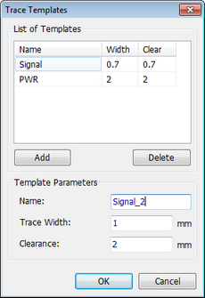 Trace Templates dialog: List of Templates table (Name, Width, Clear), Add/Delete buttons, Template Parameters Name/Trace Width/Clearance fields, OK/Cancel
