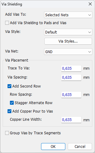 Via Shielding dialog: Add Vias To dropdown (Selected Nets), Add Via Shielding to Pads and Vias checkbox, Via Style dropdown with Via Styles button, Via Net dropdown, Via Placement (Trace To Via, Via Spacing, Add Second Row with Row Spacing, Stagger Alternate Row, Add Copper Pour to Vias with Copper Line Width), Group Vias by Trace Segments checkbox, OK/Cancel