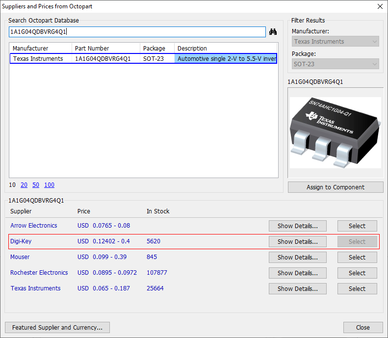 Suppliers and Prices from Octopart dialog: Search Octopart Database field, Filter Results (Manufacturer, Package), results table (Manufacturer, Part Number, Package, Description) with footprint preview, pricing table by supplier (Price, In Stock) with Show Details/Select buttons, Featured Supplier and Currency link, Close
