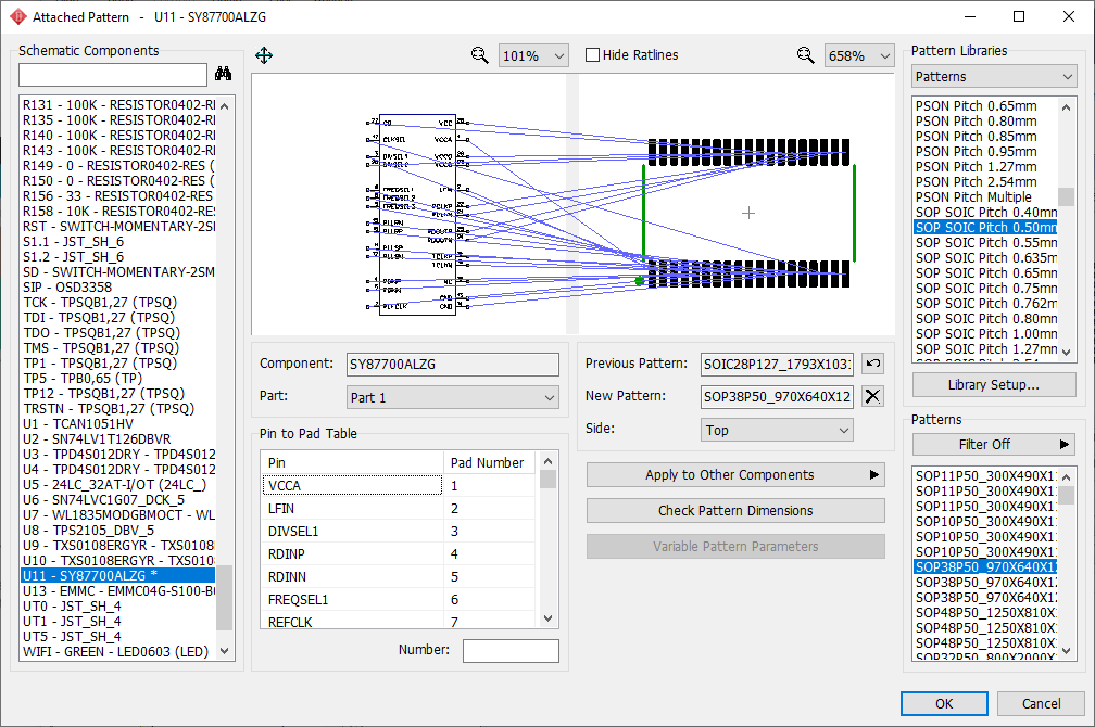 Attached Pattern window: Schematic Components list with search/filter, pattern preview with pin-to-pad table, Component/Part fields, Previous Pattern/New Pattern fields, Pattern Libraries panel with footprint thumbnails, Apply to Other Components/Check Pattern Dimensions/Delete Pattern Parameters buttons, Number field, OK/Cancel
