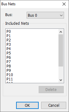Bus Nets dialog: Bus dropdown (Bus 0), Included Nets list (P0-P11 and more), Delete button, OK/Cancel