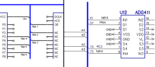 Schematic view of a bus line (F0-F8) fanning out into individual net wires connected to an IC's numbered pins