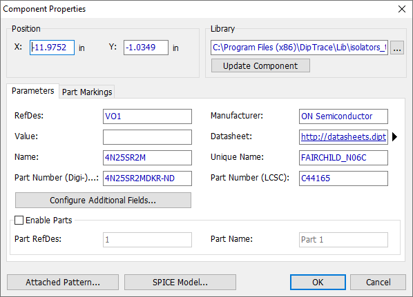 Component Properties dialog: Position X/Y fields, Library path with Update Component button, Parameters/Part Markings tabs, RefDes/Manufacturer/Value/Datasheet/Name/Unique Name/Part Number fields, Configure Additional Fields button, Enable Parts checkbox with Part RefDes/Part Name fields, Attached Pattern/SPICE Model/OK/Cancel buttons