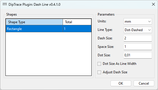 DipTrace Plugin: Dash Line dialog: Shapes table (Shape Type/Total), Parameters (Units, Line Type dropdown Dot-Dashed, Dash Size, Space Size, Dot Size), Dot Size As Line Width and Adjust Dash Size checkboxes, OK/Cancel