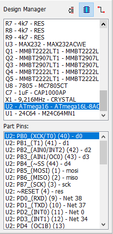 Design Manager panel: component list (RefDes - part name), and a Part Pins list below showing pin number, name and connected net for the selected component